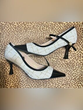 Pearl-Accent Black Patent & White Tweed Mary Jane Heels